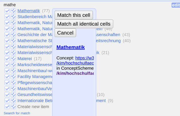 Interative OpenRefine pop-up to define a match