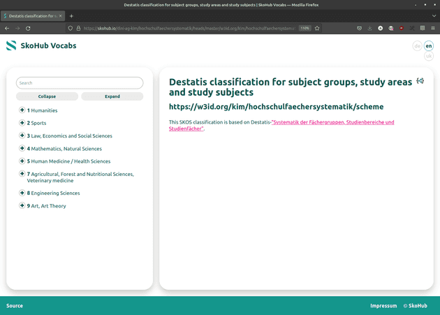 The overview page of the SkoHub Vocabs build of the SKOS Destatis classification for subject groups, study areas and study subjects