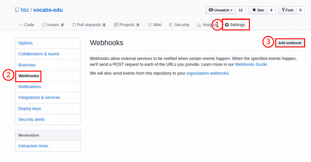Screenshot of the Webhook page in a GitHub repo with highlighted fields for the navigation path.