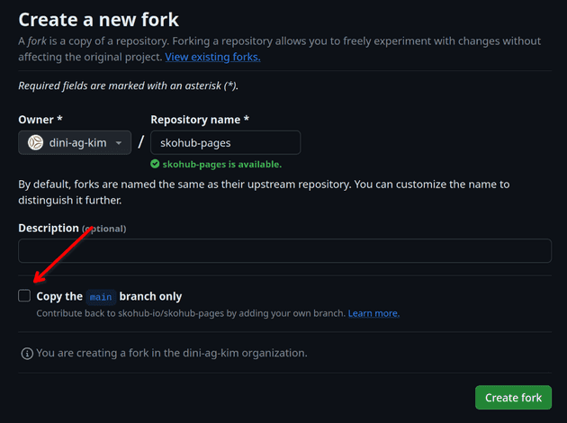 Create fork, uncheck box ⚠️ to also fork the gh-pages branch