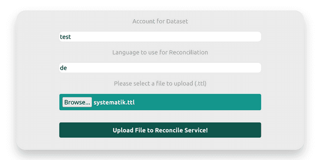 The filled in upload form with "test" as account name, "de" as language  and "systematik.ttl" as file to be uploaded